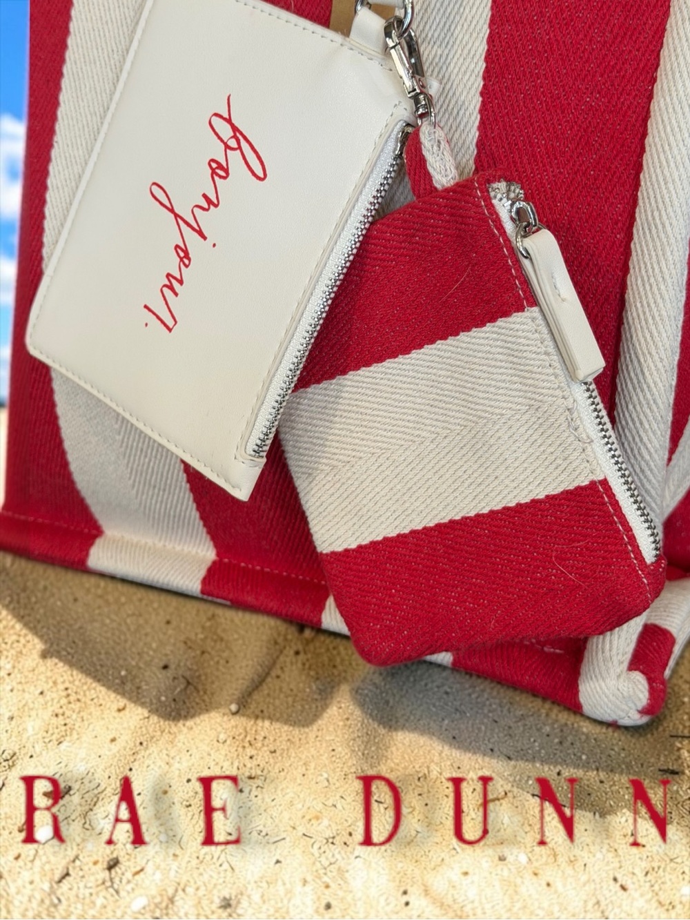 NWT Rae Dunn "Bonjour" 3-Piece Canvas Tote Bag Set – Red & White Stripes - Picture 5 of 9